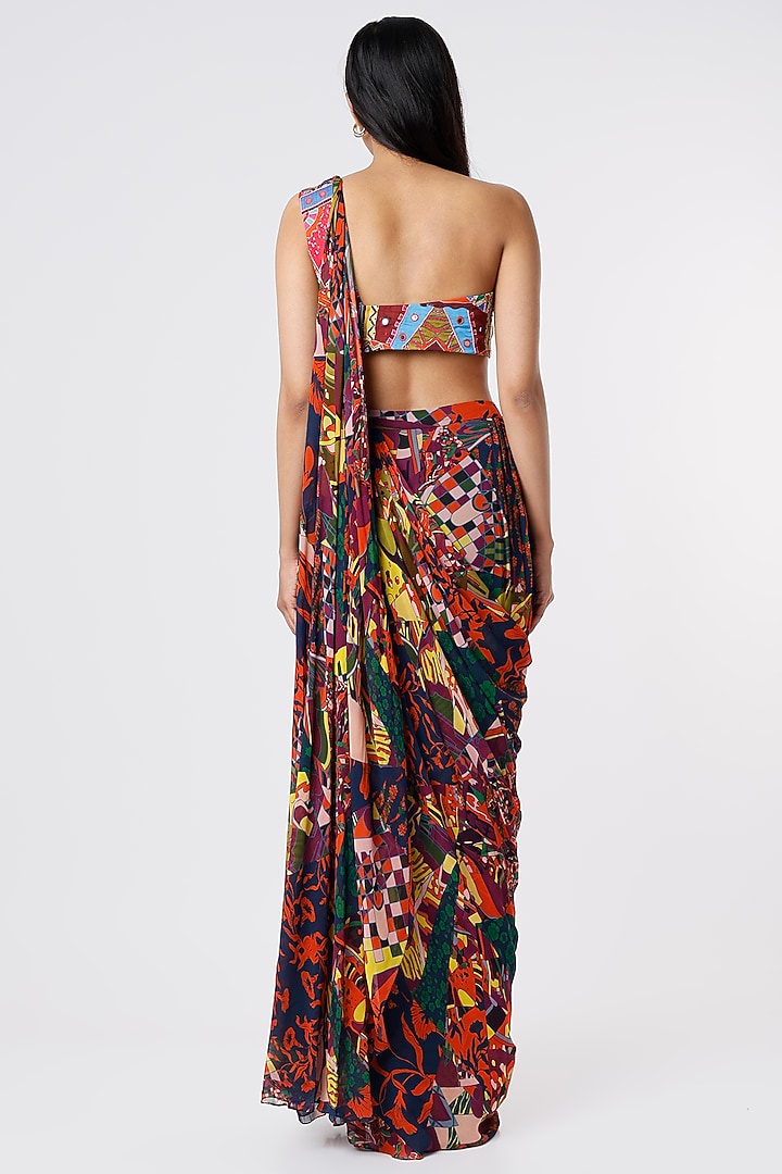 Multi-Colored Modal & Georgette Aztec Printed Pant Wedding Saree Set by DiyaRajvvir at Pernia's Pop Up Shop