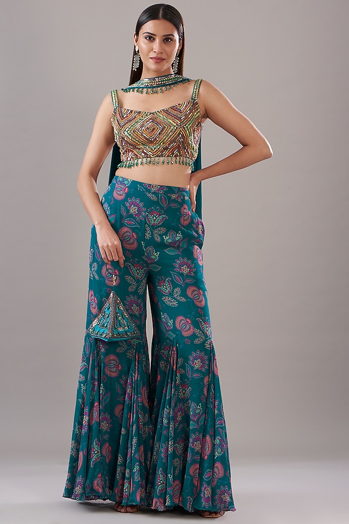 Teal Blue Cotton Silk & Georgette Printed Pant Set by DiyaRajvvir at Pernia's Pop Up Shop