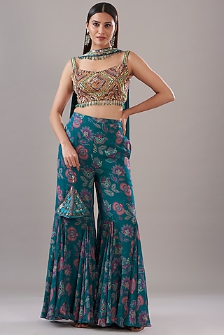 Teal Blue Cotton Silk & Georgette Printed Pant Set by DiyaRajvvir