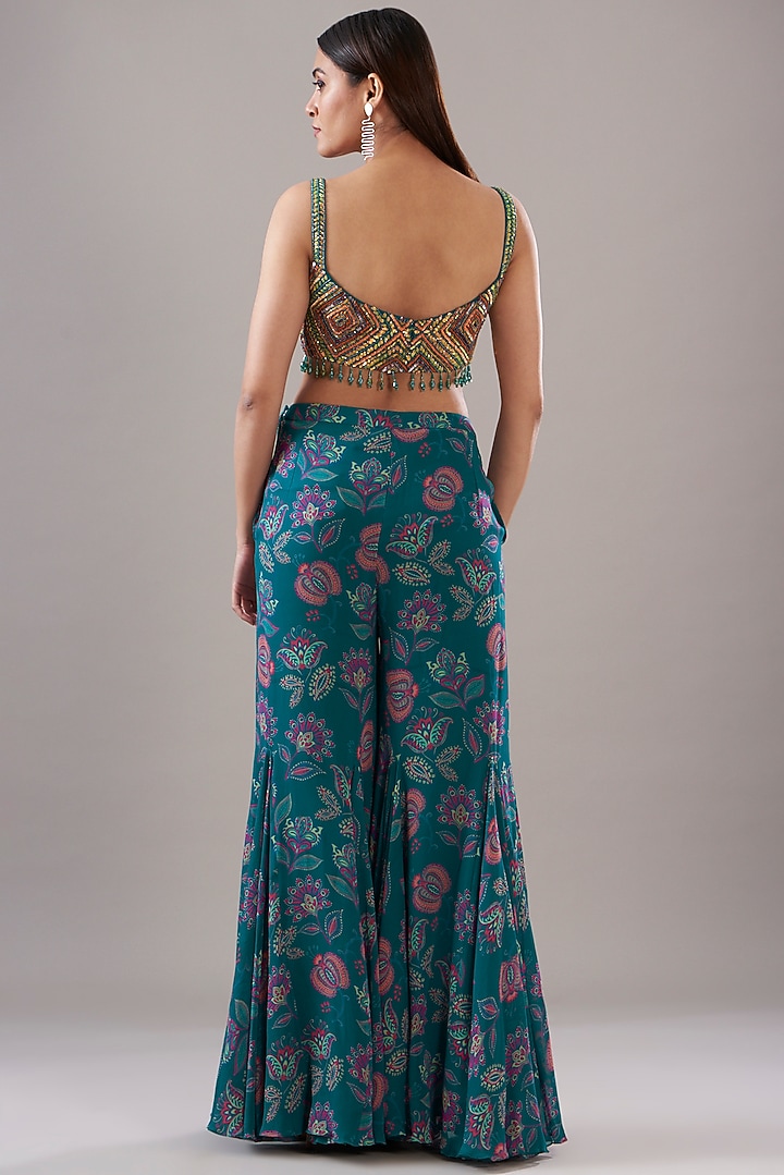 Teal Blue Cotton Silk & Georgette Printed Pant Set by DiyaRajvvir at Pernia's Pop Up Shop