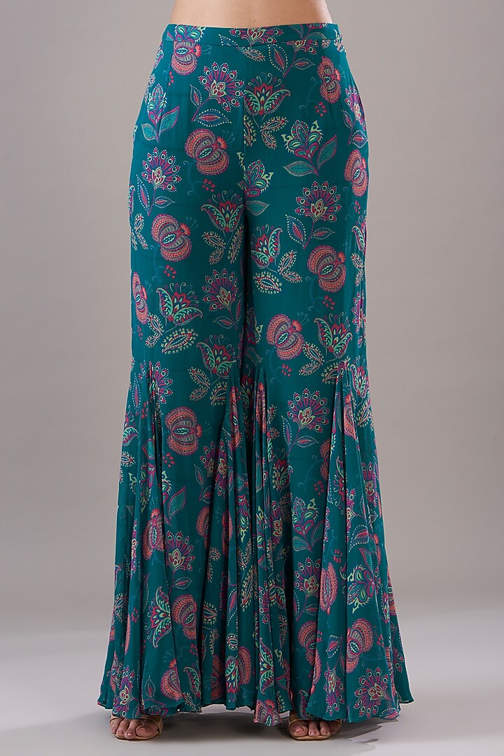 Teal Blue Cotton Silk & Georgette Printed Pant Set by DiyaRajvvir at Pernia's Pop Up Shop