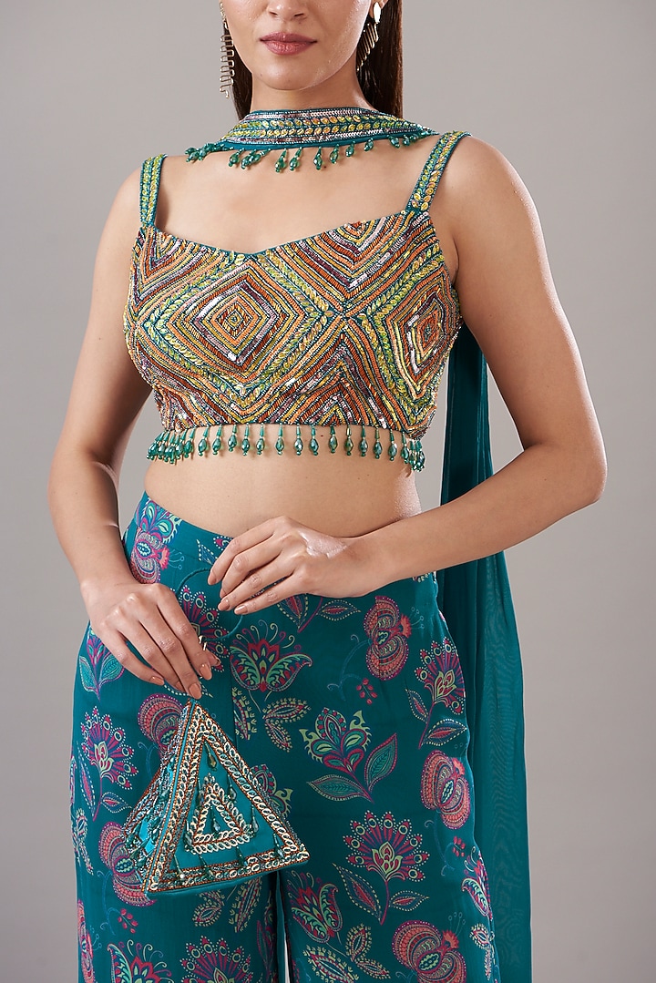 Teal Blue Cotton Silk & Georgette Printed Pant Set by DiyaRajvvir at Pernia's Pop Up Shop
