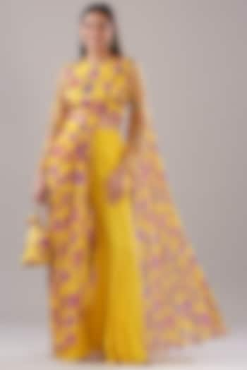 Yellow Modal & Georgette Chintz Digital Printed Pant Saree Set by DiyaRajvvir at Pernia's Pop Up Shop