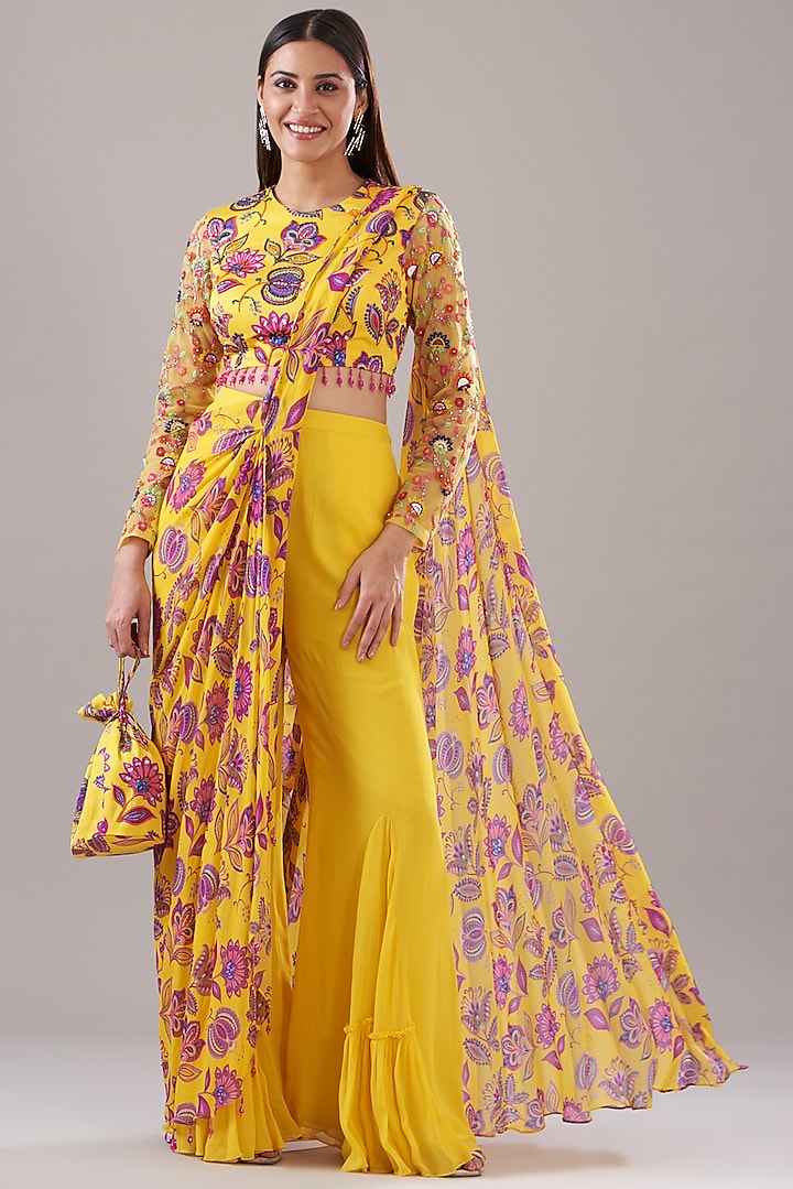 Yellow Modal & Georgette Chintz Digital Printed Pant Saree Set by DiyaRajvvir at Pernia's Pop Up Shop