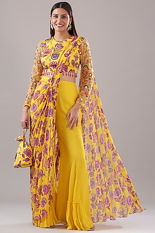 Yellow Modal & Georgette Chintz Digital Printed Pant Saree Set by DiyaRajvvir