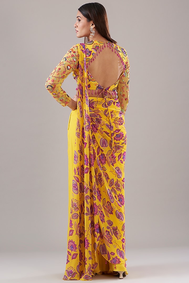 Yellow Modal & Georgette Chintz Digital Printed Pant Wedding Saree Set by DiyaRajvvir at Pernia's Pop Up Shop