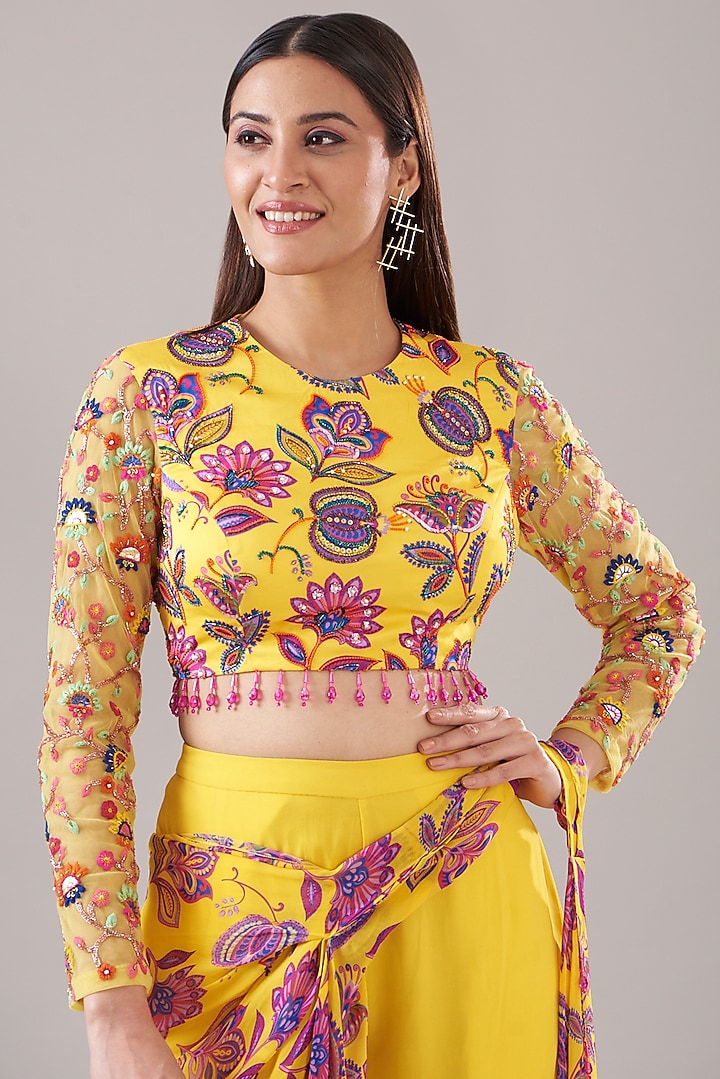Yellow Modal & Georgette Chintz Digital Printed Pant Wedding Saree Set by DiyaRajvvir at Pernia's Pop Up Shop