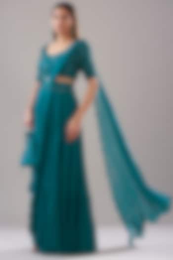 Teal Blue Cotton Silk & Georgette Skirt Saree Set by DiyaRajvvir