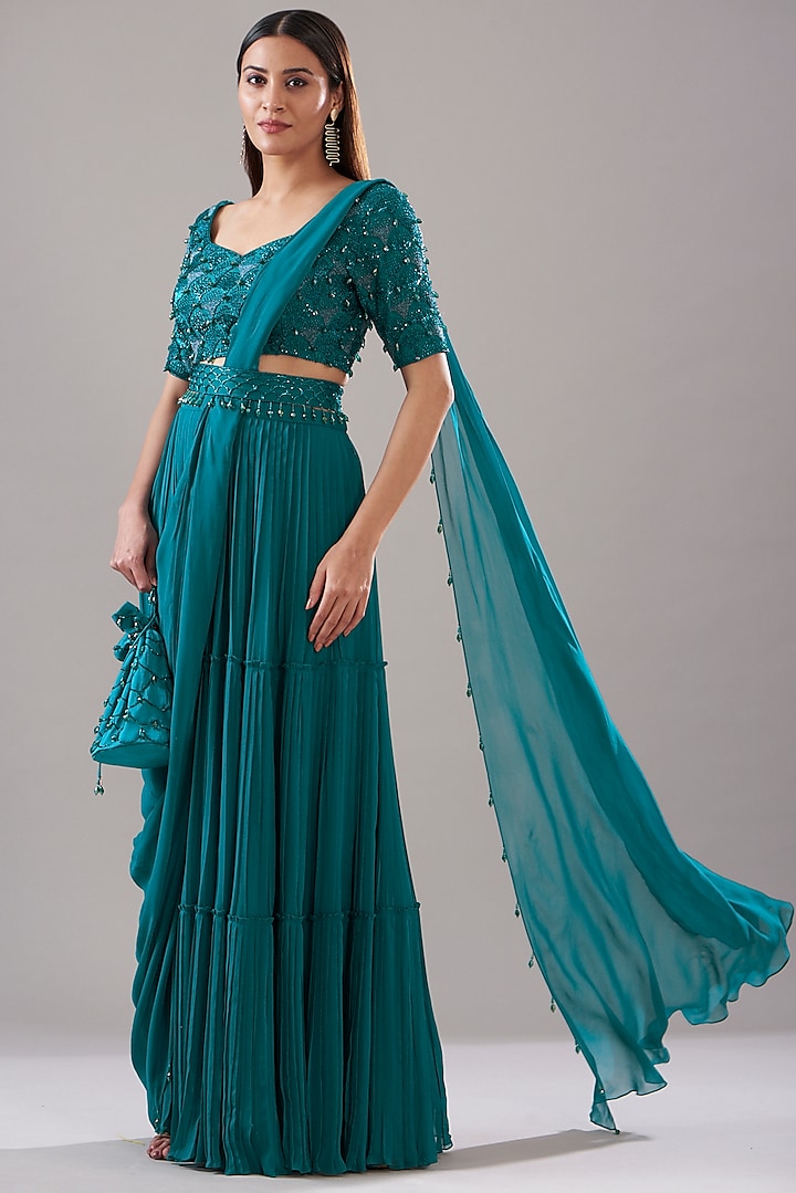 Teal Blue Cotton Silk & Georgette Skirt Saree Set by DiyaRajvvir