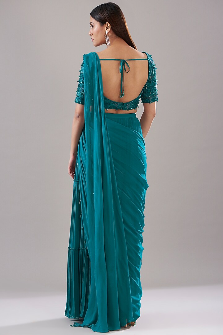 Teal Blue Cotton Silk & Georgette Skirt Wedding Saree Set by DiyaRajvvir at Pernia's Pop Up Shop