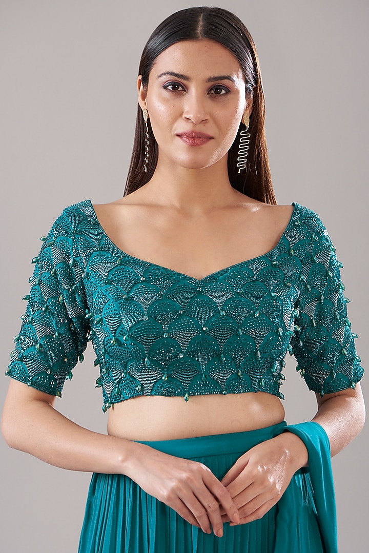 Teal Blue Cotton Silk & Georgette Skirt Wedding Saree Set by DiyaRajvvir at Pernia's Pop Up Shop