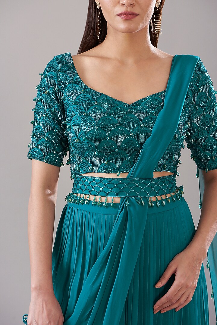 Teal Blue Cotton Silk & Georgette Skirt Wedding Saree Set by DiyaRajvvir at Pernia's Pop Up Shop
