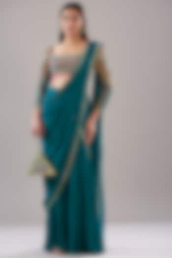 Teal Blue Modal & Tulle Pant Saree Set by DiyaRajvvir at Pernia's Pop Up Shop