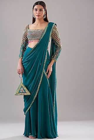 Teal Blue Modal & Tulle Pant Saree Set by DiyaRajvvir