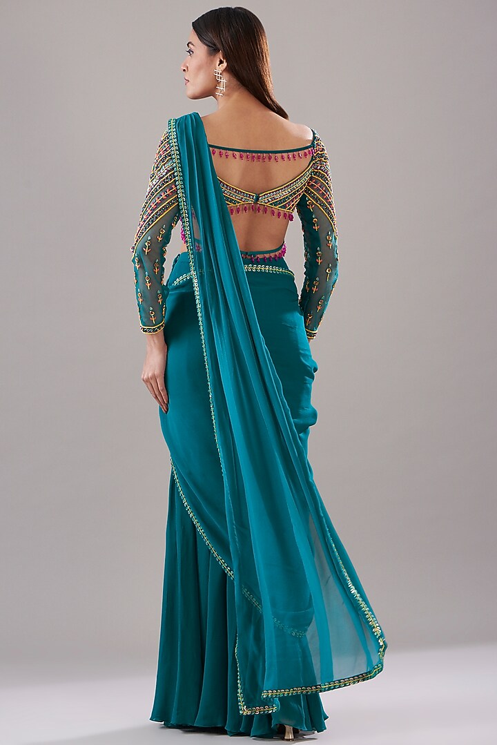Teal Blue Modal & Tulle Pant Wedding Saree Set by DiyaRajvvir at Pernia's Pop Up Shop