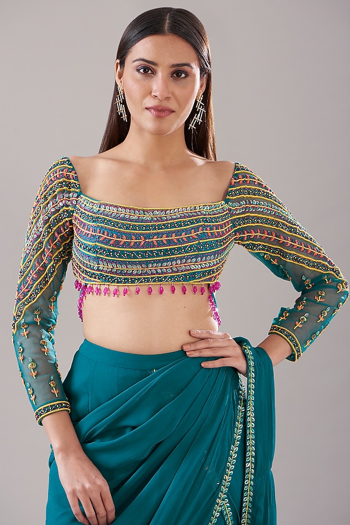 Teal Blue Modal & Tulle Pant Wedding Saree Set by DiyaRajvvir at Pernia's Pop Up Shop