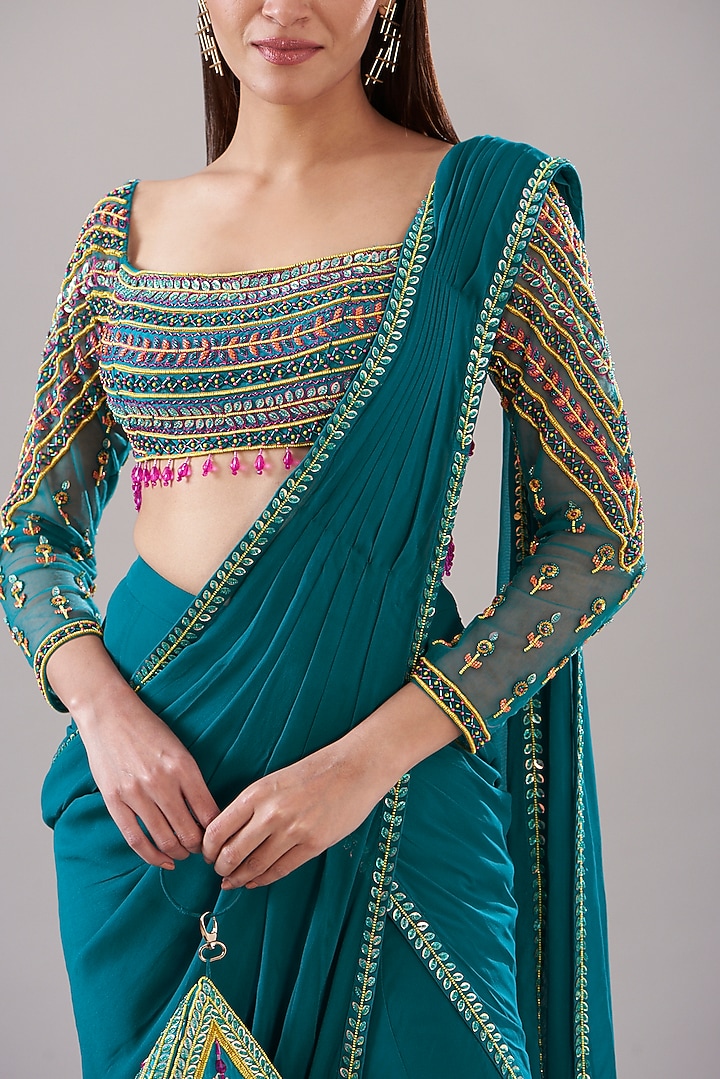 Teal Blue Modal & Tulle Pant Wedding Saree Set by DiyaRajvvir at Pernia's Pop Up Shop