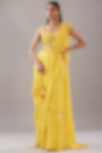 Yellow Cotton Silk & Georgette Ruffled Saree Set by DiyaRajvvir