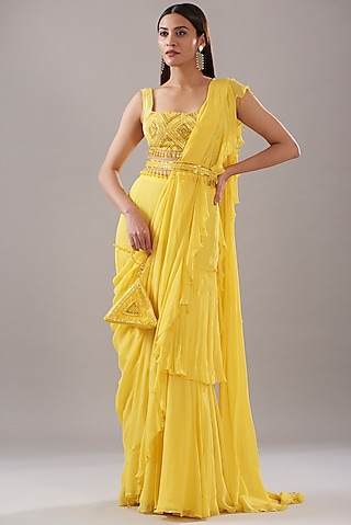 Yellow Cotton Silk Ruffled Saree Set by DiyaRajvvir