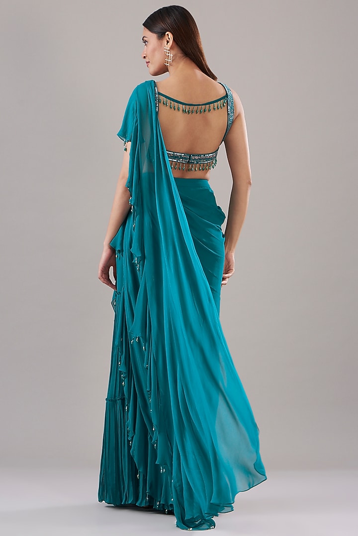 Teal Blue Cotton Silk & Georgette Gharara Wedding Saree Set by DiyaRajvvir at Pernia's Pop Up Shop