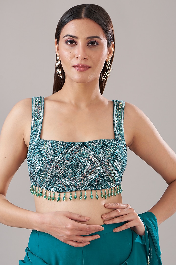 Teal Blue Cotton Silk & Georgette Gharara Wedding Saree Set by DiyaRajvvir at Pernia's Pop Up Shop