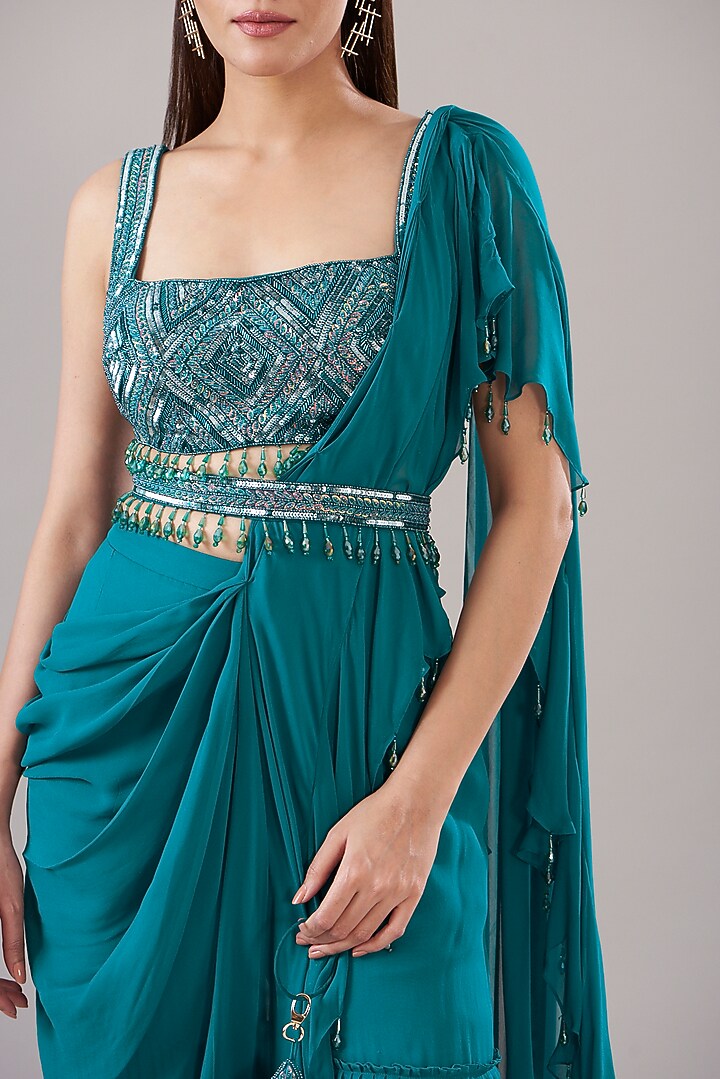 Teal Blue Cotton Silk & Georgette Gharara Wedding Saree Set by DiyaRajvvir at Pernia's Pop Up Shop