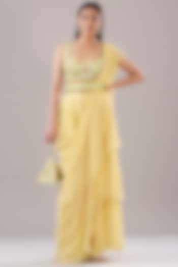 Pastel Yellow Cotton Silk & Georgette Ruffled Pre-Stitched Wedding Saree Set by DiyaRajvvir at Pernia's Pop Up Shop