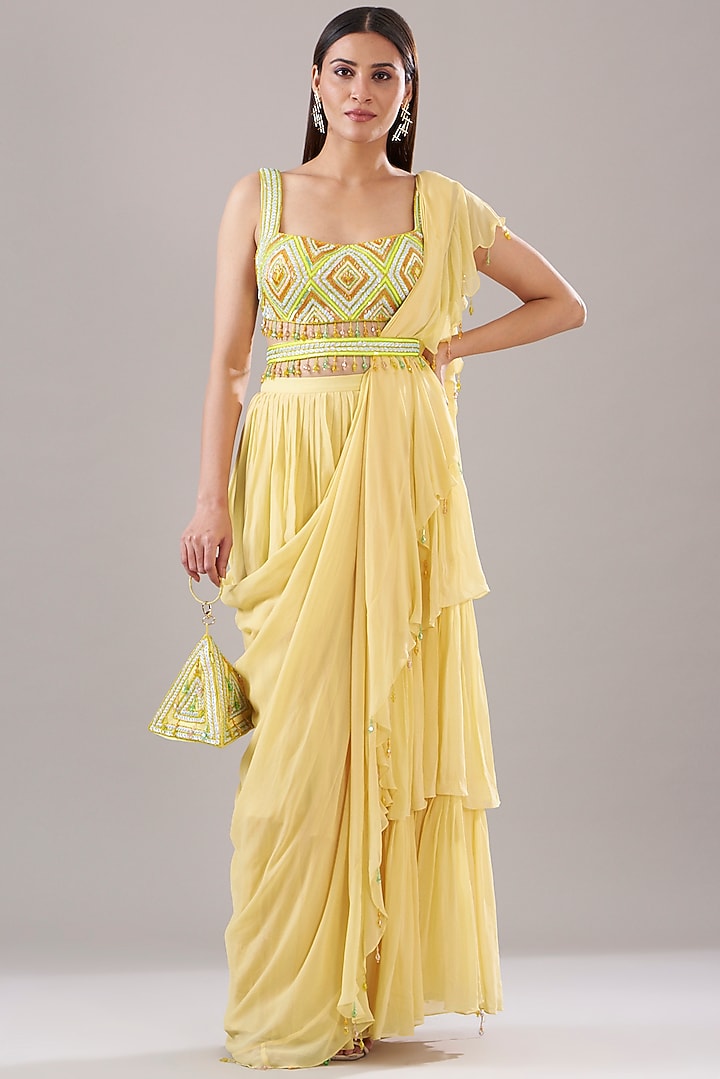 Pastel Yellow Cotton Silk & Georgette Ruffled Pre-Stitched Wedding Saree Set by DiyaRajvvir at Pernia's Pop Up Shop