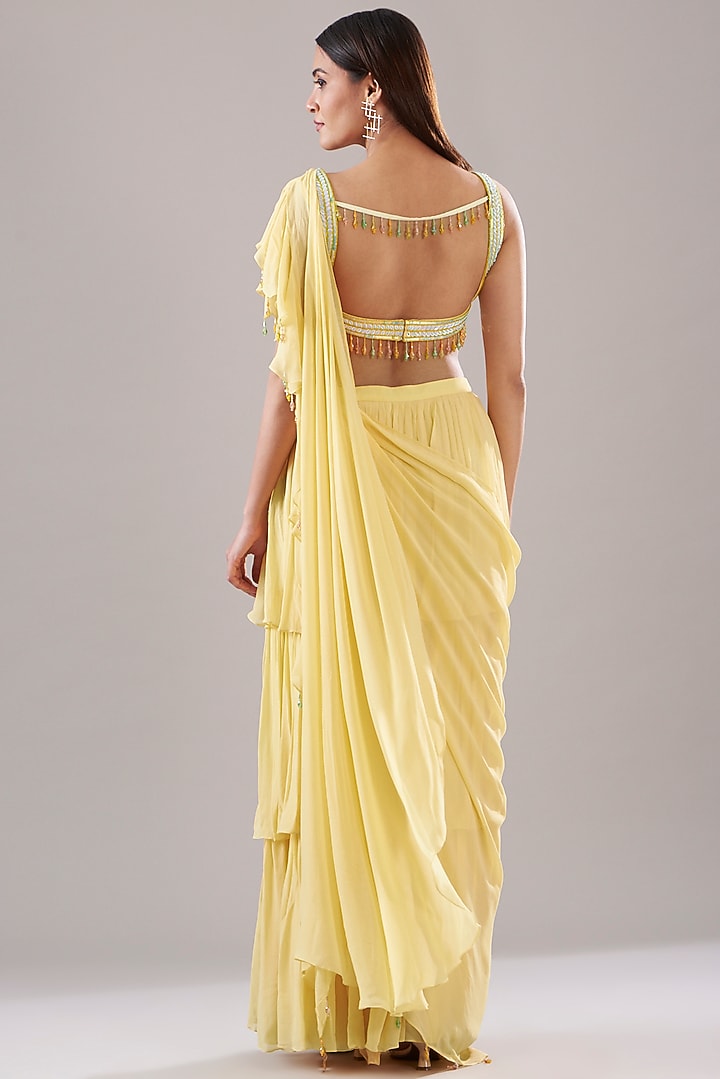 Pastel Yellow Cotton Silk & Georgette Ruffled Pre-Stitched Wedding Saree Set by DiyaRajvvir at Pernia's Pop Up Shop