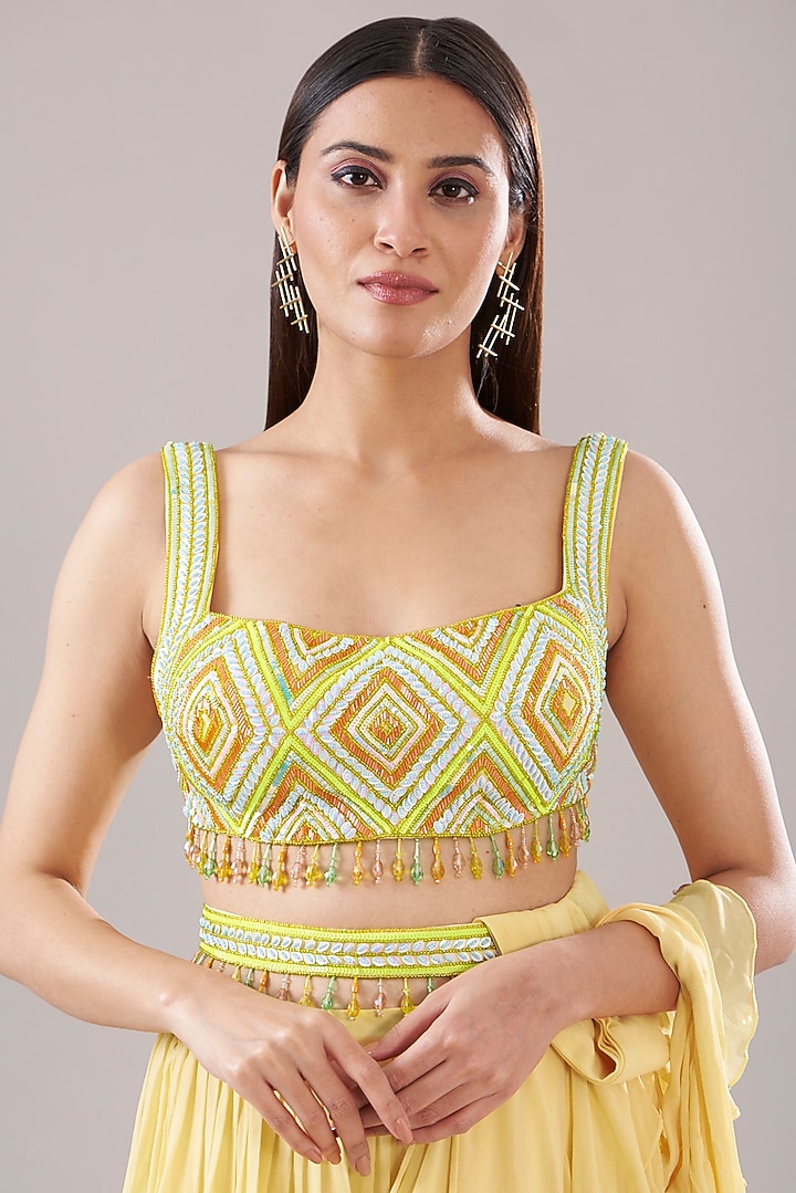 Pastel Yellow Cotton Silk & Georgette Ruffled Pre-Stitched Wedding Saree Set by DiyaRajvvir at Pernia's Pop Up Shop