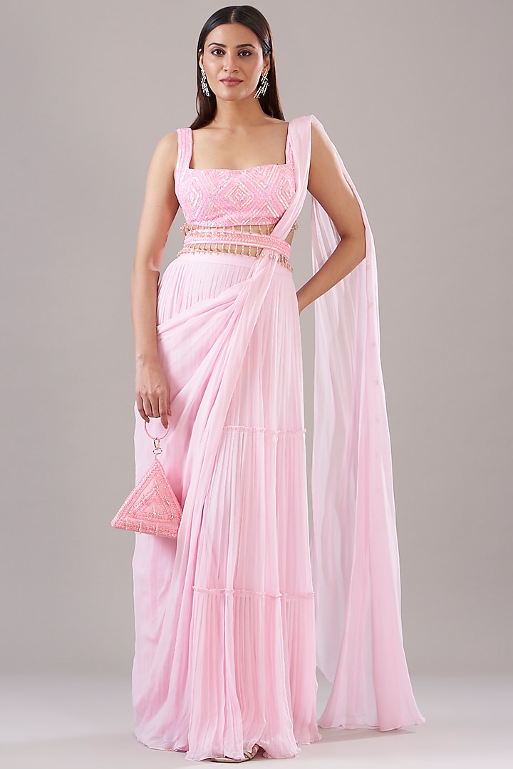 Lilac Cotton Silk & Georgette Skirt Saree Set by DiyaRajvvir