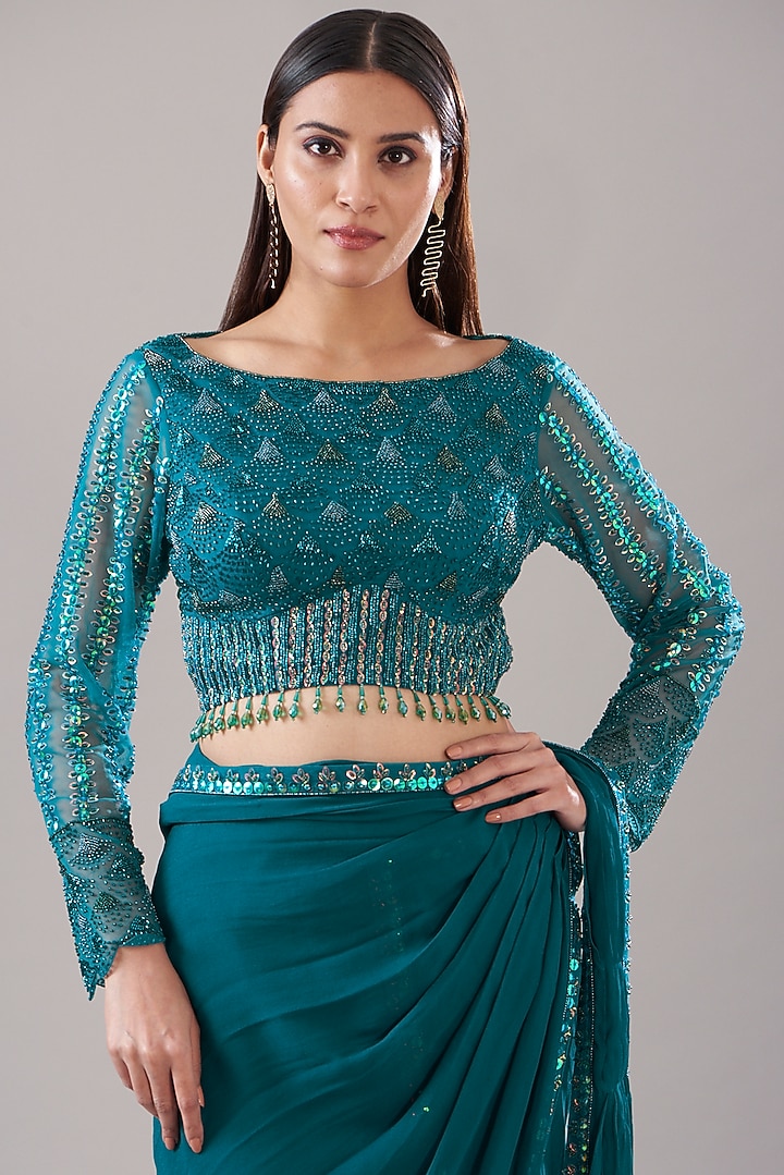 Teal Blue Cotton Silk & Georgette Gharara Wedding Saree Set by DiyaRajvvir at Pernia's Pop Up Shop