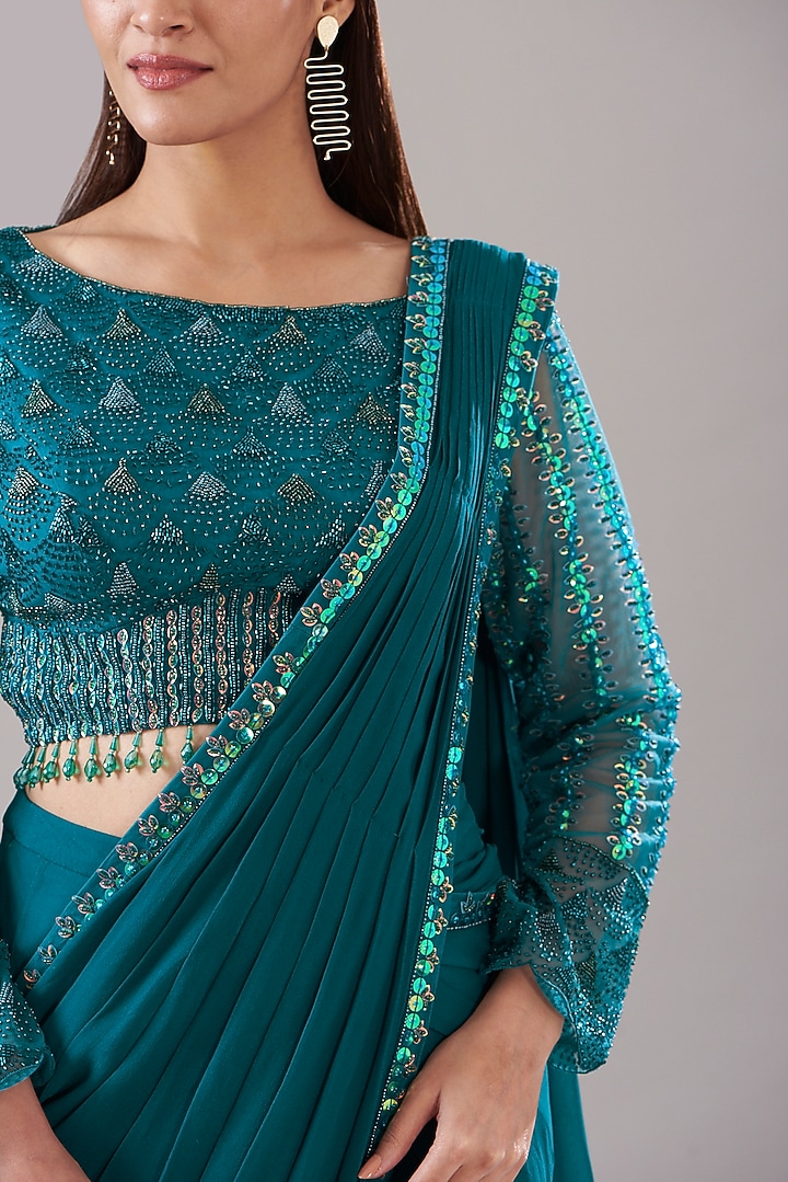 Teal Blue Cotton Silk & Georgette Gharara Wedding Saree Set by DiyaRajvvir at Pernia's Pop Up Shop