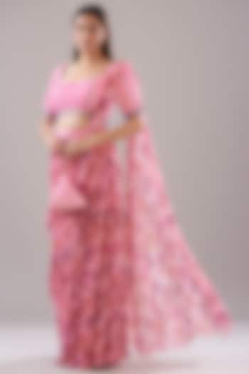 Blush Pink Cotton Silk & Georgette Printed Skirt Saree Set by DiyaRajvvir