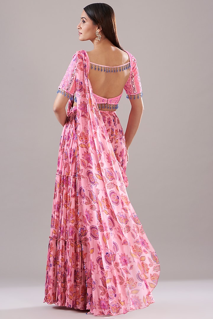 Blush Pink Cotton Silk & Georgette Printed Skirt Wedding Saree Set by DiyaRajvvir at Pernia's Pop Up Shop