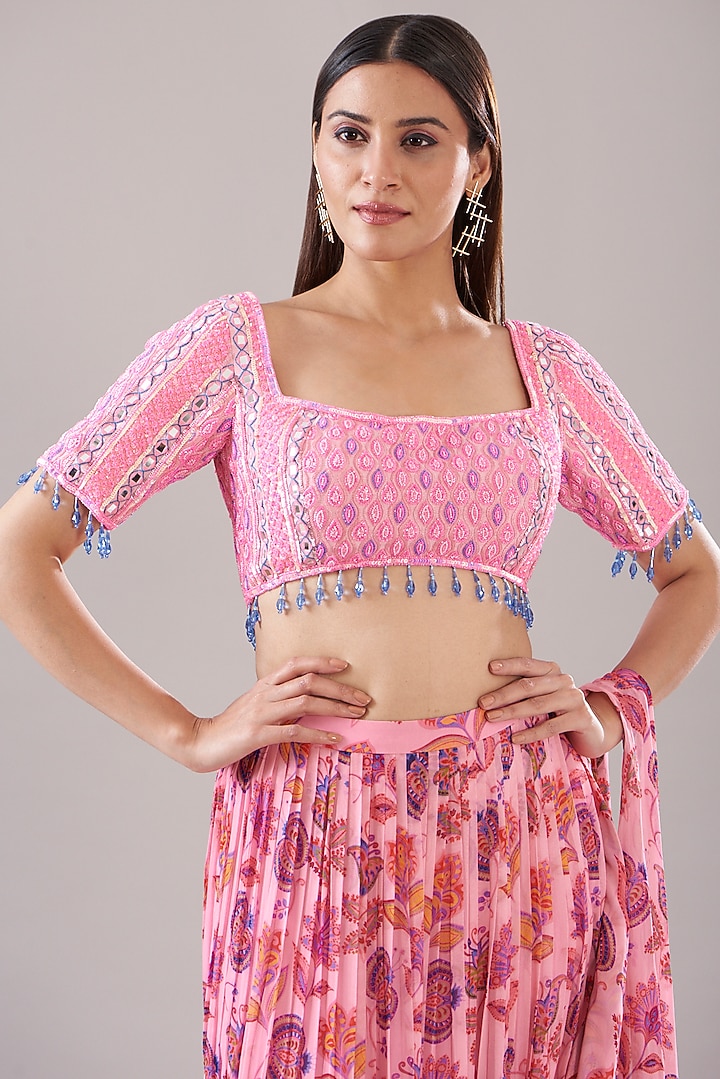 Blush Pink Cotton Silk & Georgette Printed Skirt Wedding Saree Set by DiyaRajvvir at Pernia's Pop Up Shop