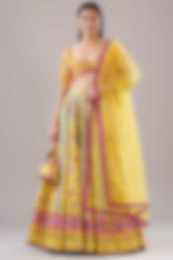 Yellow Cotton Silk & Raw Silk Printed Wedding Lehenga Set by DiyaRajvvir at Pernia's Pop Up Shop