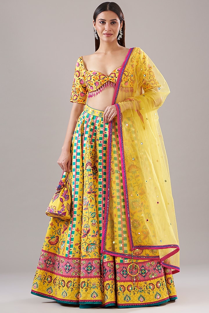 Yellow Cotton Silk & Raw Silk Printed Wedding Lehenga Set by DiyaRajvvir at Pernia's Pop Up Shop