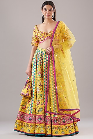 Yellow Cotton Silk & Raw Silk Printed Lehenga Set by DiyaRajvvir