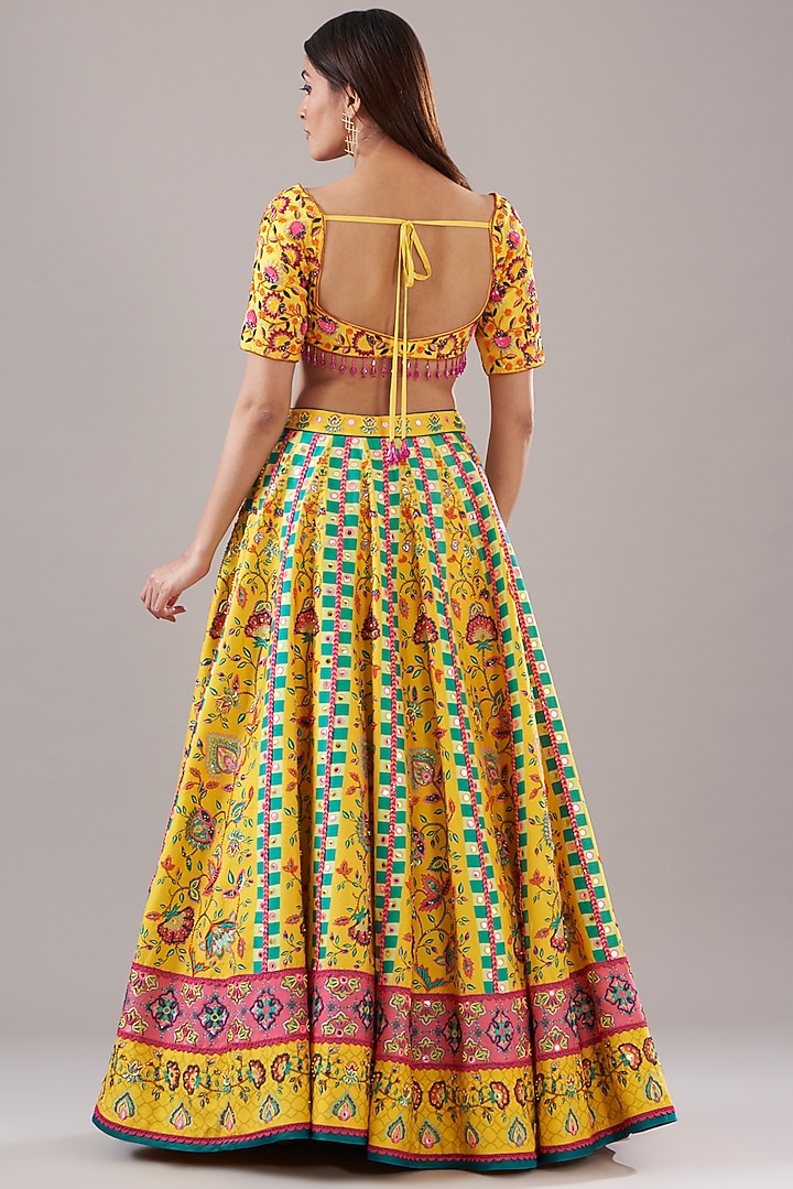 Yellow Cotton Silk & Raw Silk Printed Wedding Lehenga Set by DiyaRajvvir at Pernia's Pop Up Shop