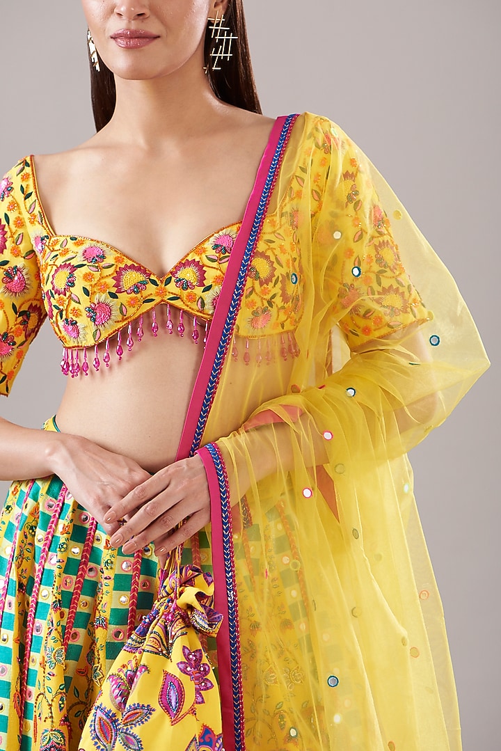 Yellow Cotton Silk & Raw Silk Printed Wedding Lehenga Set by DiyaRajvvir at Pernia's Pop Up Shop