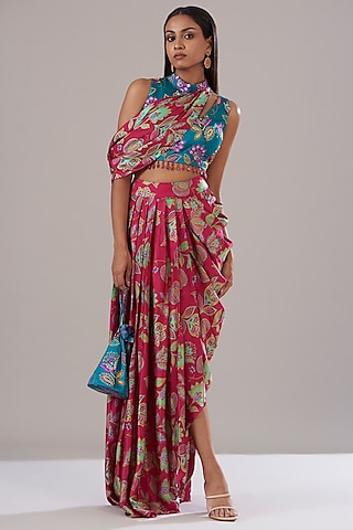 Crimson Red Modal Printed Skirt Set by DiyaRajvvir
