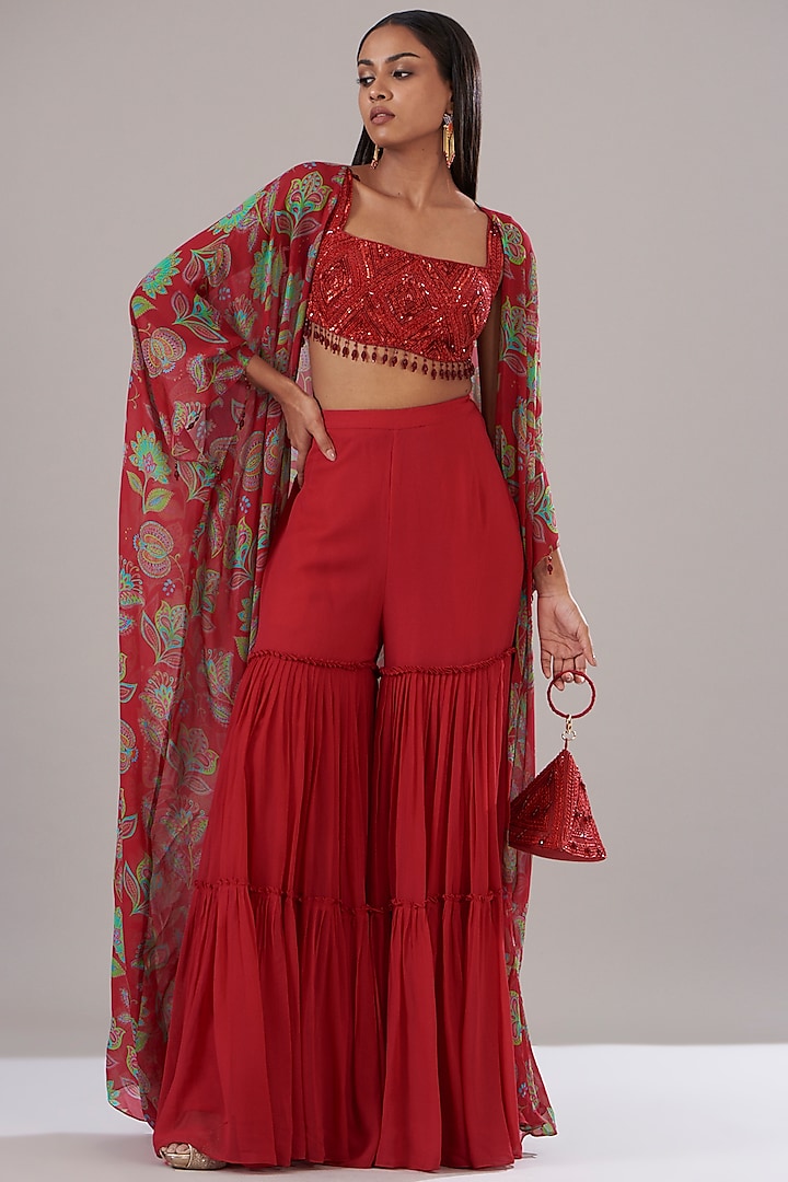 Crimson Red Cotton Silk & Georgette Printed Cape Set by DiyaRajvvir