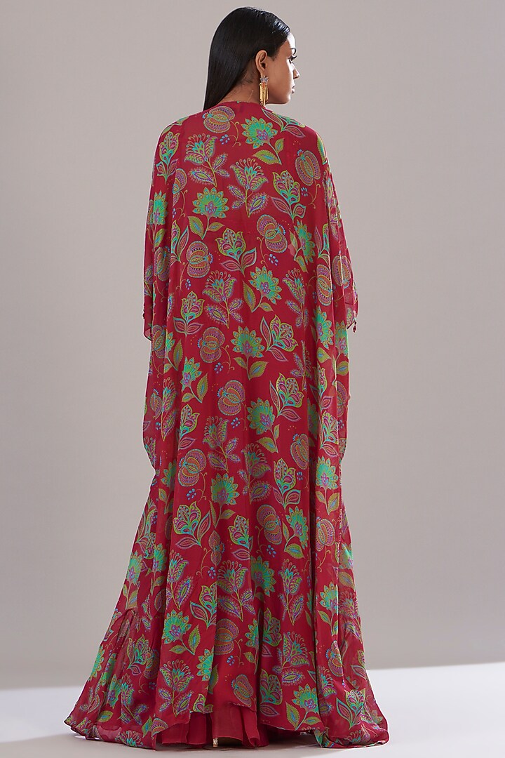 Crimson Red Cotton Silk & Georgette Printed Cape Set by DiyaRajvvir at Pernia's Pop Up Shop