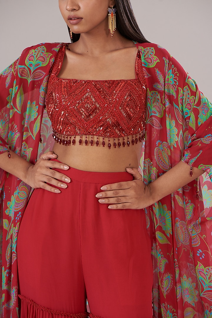 Crimson Red Cotton Silk & Georgette Printed Cape Set by DiyaRajvvir at Pernia's Pop Up Shop