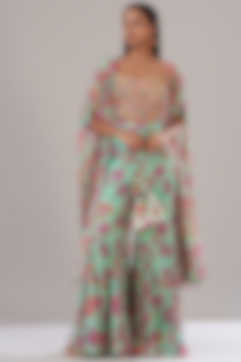 Mint Green Cotton Silk & Georgette Printed Cape Set by DiyaRajvvir at Pernia's Pop Up Shop