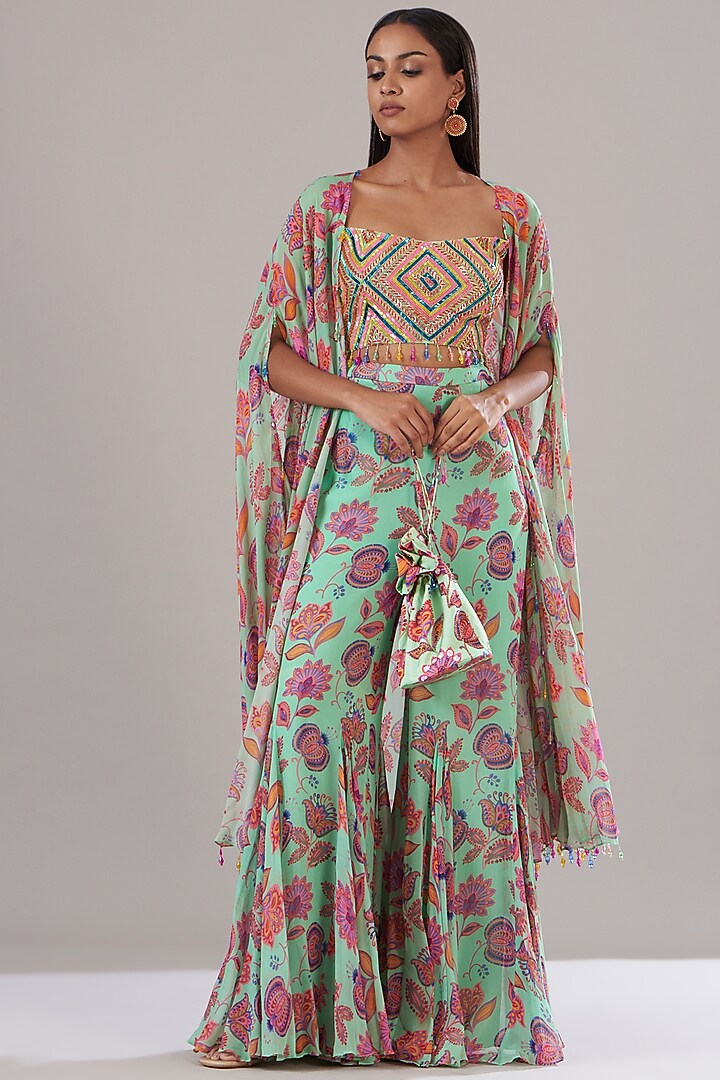 Mint Green Cotton Silk & Georgette Printed Cape Set by DiyaRajvvir at Pernia's Pop Up Shop