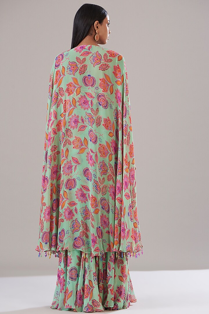 Mint Green Cotton Silk & Georgette Printed Cape Set by DiyaRajvvir at Pernia's Pop Up Shop