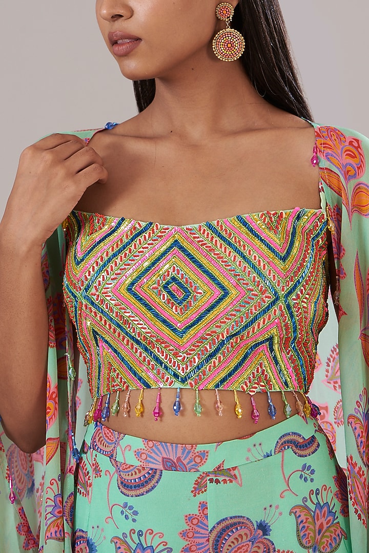 Mint Green Cotton Silk & Georgette Printed Cape Set by DiyaRajvvir at Pernia's Pop Up Shop