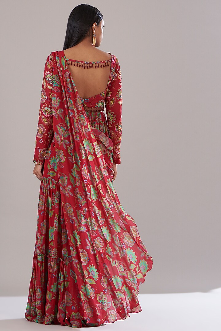 Crimson Red Modal & Georgette Digital Printed Skirt Wedding Saree Set by DiyaRajvvir at Pernia's Pop Up Shop
